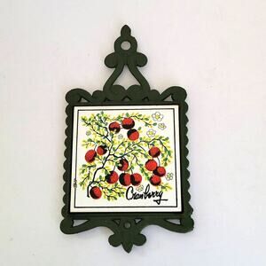 Vintage Mid Century Trivet Green Iron Cranberry Tile Footed Cottagecore Country